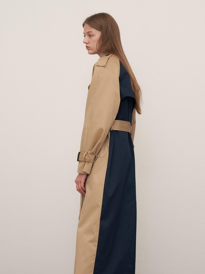 1159STUDIO Trench Gold Ring Long Coat - Beige/Navy | Garmentory