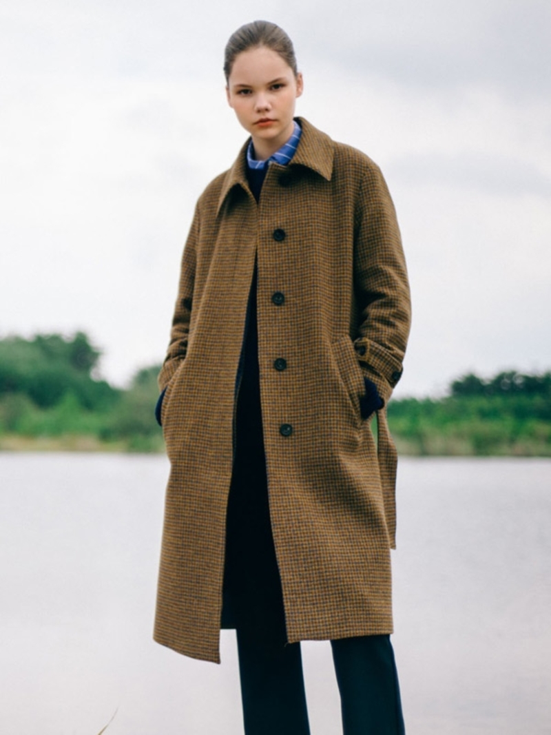 STAN ARD Belted Houndstooth Balmacaan Wool Coat Mustard Garmentory