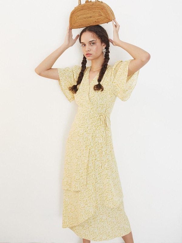 LOOKAST Shirring Wrap Long Dress - Yellow | Garmentory