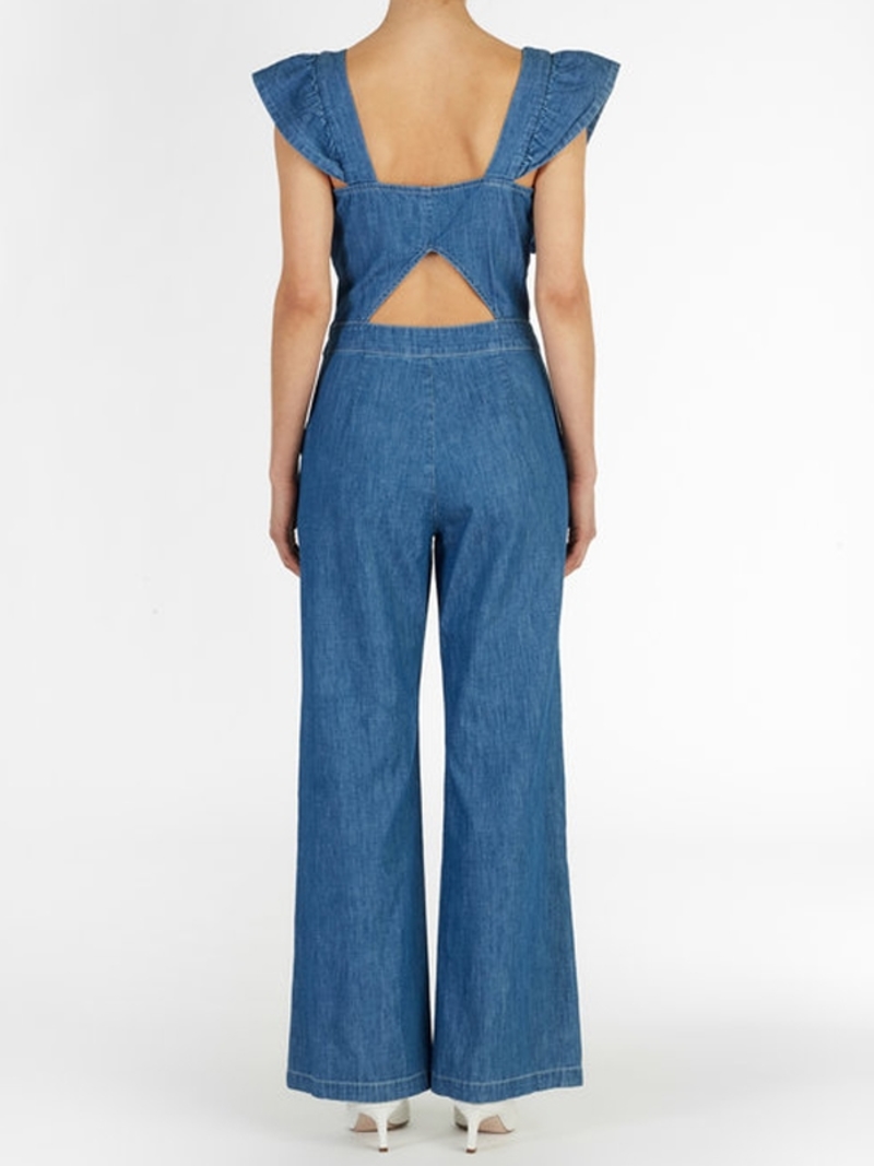 【＆her】アンドハー Voil Chambray All in one On Her Command Chambray Wide Leg Jumpsuit - Medium Wash
