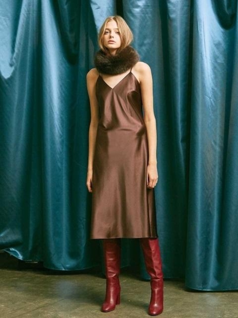 THE SUIN Satin Slip Midi Dress - Brown | Garmentory