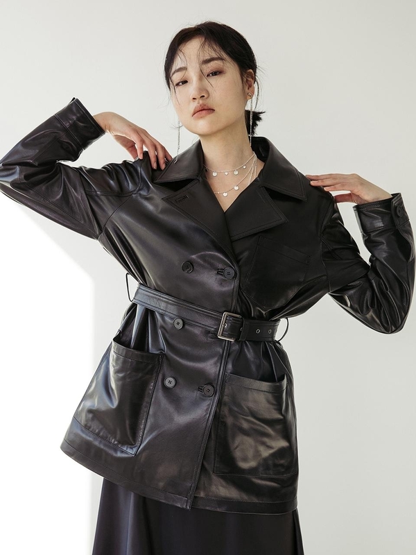 【SPERONE】Lambskin Short Trench Jacket SPERONE Lambskin Short Trench Coat - Black | Garmentory