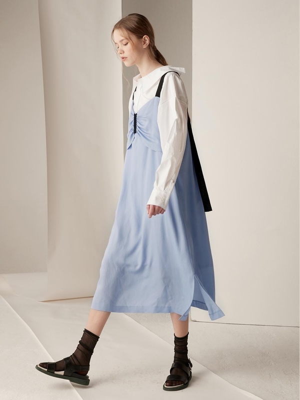 BEMUSEMANSION Shirring Layered Dress - Light Blue | Garmentory BEMUSEMANSION Shirring Layered Dress - Light Blue | Garmentory