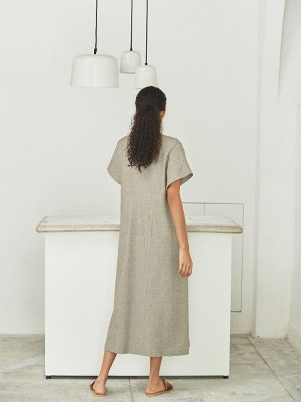 AKRO V-Neck Linen-Blend Long Tunic Dress - Khaki Grey | Garmentory