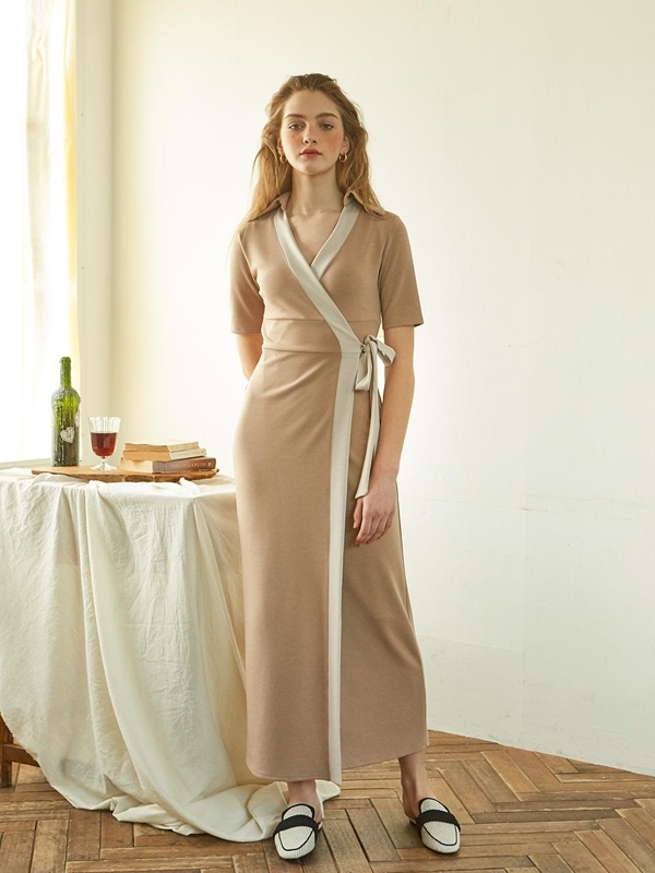 ★ SALON DE YOHN ★SHIRT DETAIL LONG WRAP DRESS SALON DE YOHN Long Wrap Dress - Beige | Garmentory