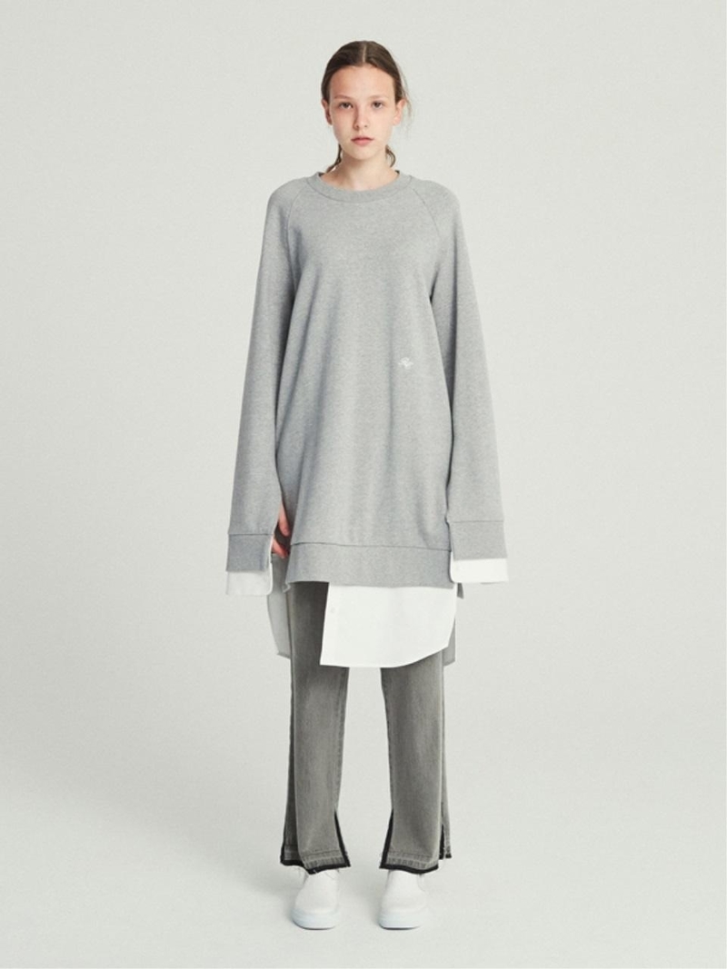 chinese dress ladies Agam Gray Ruffled Faux Two-Piece Layered Lace Sweatshirt Dress main image 1
