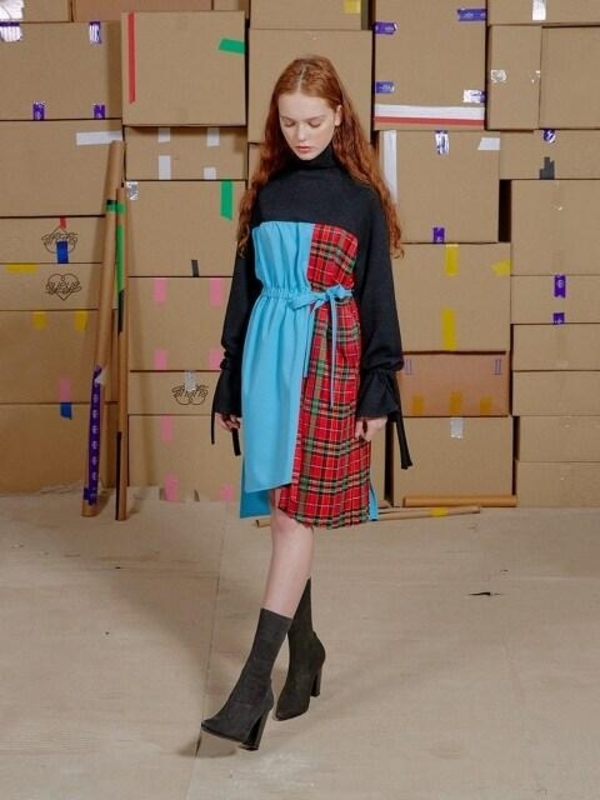 EYEYE Solid Check Pleated Combination Dress - Sky Blue | Garmentory