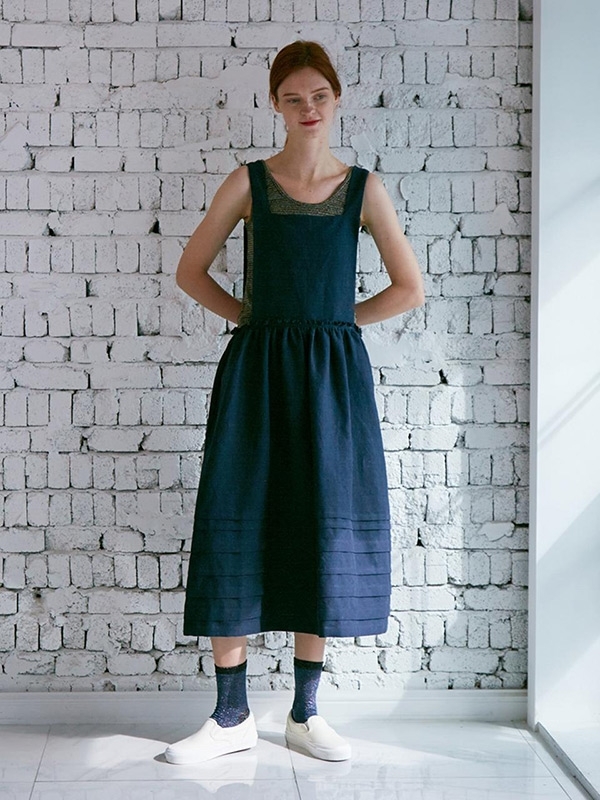 MUSED Pintuck Linen Cotton Apron Dress - Indigo | Garmentory