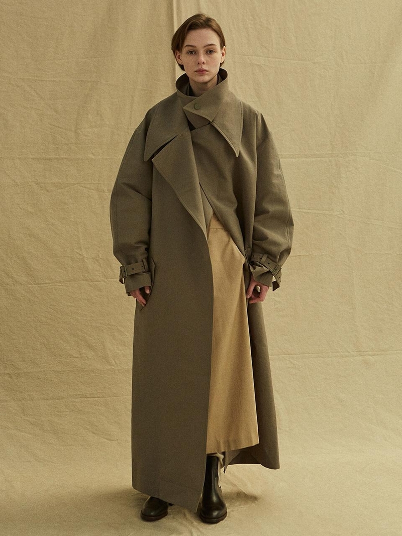 [LOW CLASSIC] / ☆ 24FW SOFT WOOL TWILL WRAP COAT / KHAKI LOW CLASSIC|^|Layered Trench Coat Khaki | Garmentory