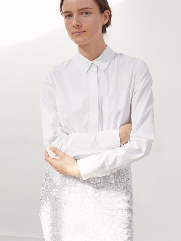 White tuxedo shirt glitter skirt