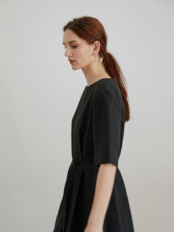 chinese dress ladies Black linen set featuring a belted dress and Shemagh Scarf Wrap main image 0