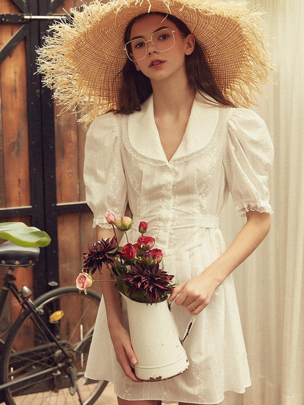 VITALSIGN Puffy Strappy Embroidered Dress - Ivory | Garmentory VITALSIGN Puffy Strappy Embroidered Dress - Ivory | Garmentory