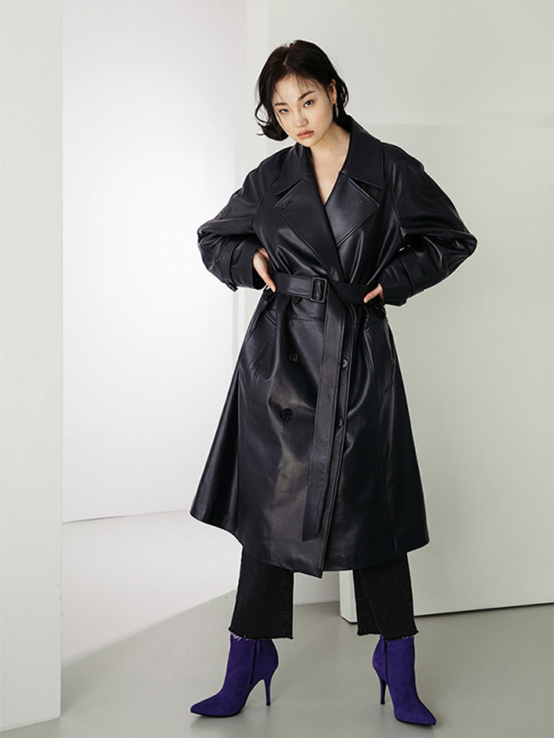 【SPERONE】Lambskin Short Trench Jacket SPERONE Lambskin Trench Coat - Black | Garmentory