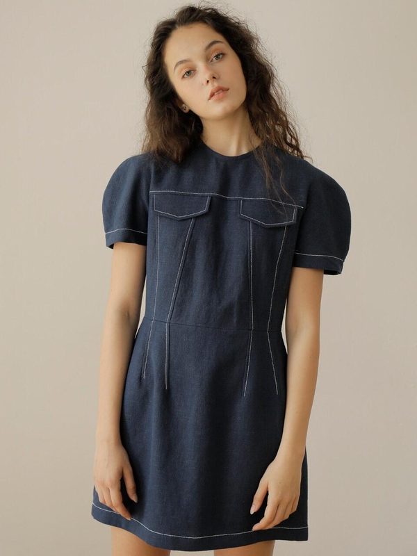 PAUL & ALICE Linen Mini Dress - Navy | Garmentory