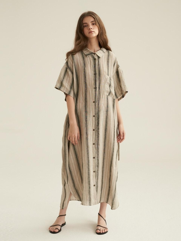 knee length dresses for ladies Ora Linen Blend Shirt Dress-Navy Ivory Stripe