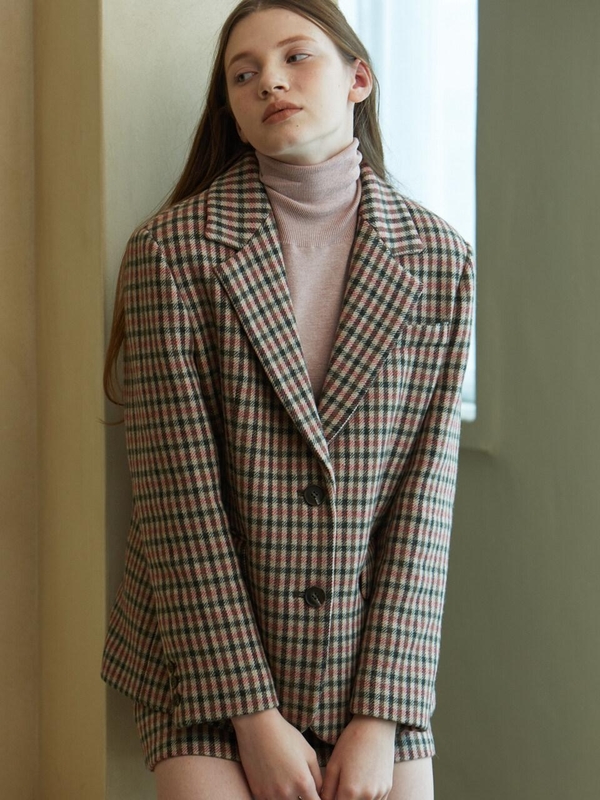 LOOKAST Gingham Check Single Fit Wool Jacket - Pink LOOKAST Gingham Check Single Fit Wool Jacket - Pink