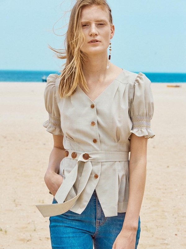OH L Smock Sleeves Belted Blouse - Beige OH L Smock Sleeves Belted Blouse - Beige