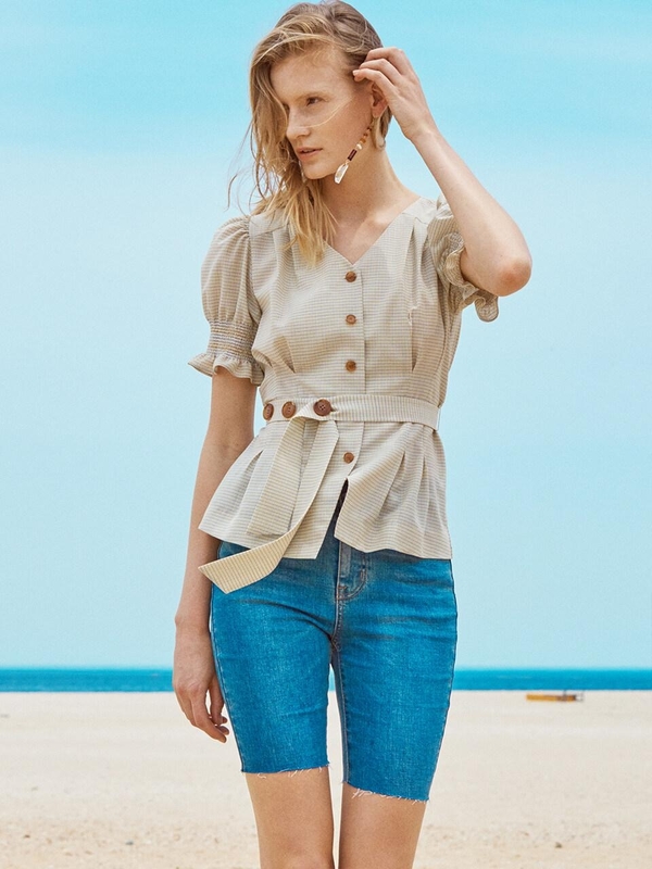 OH L Smock Sleeves Belted Blouse - Beige OH L Smock Sleeves Belted Blouse - Beige