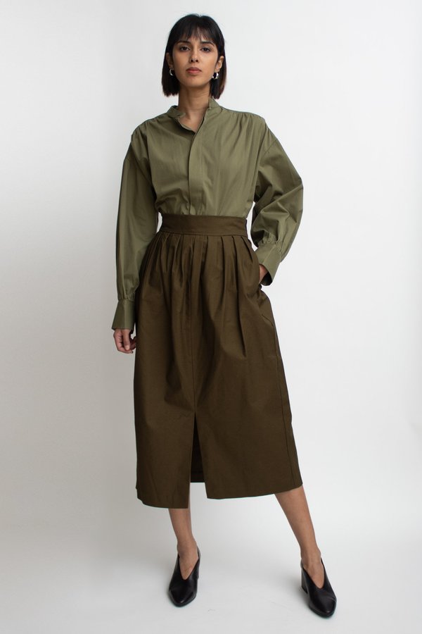W A N T S Cotton Slit Midi Skirt - Olive W A N T S Cotton Slit Midi Skirt - Olive