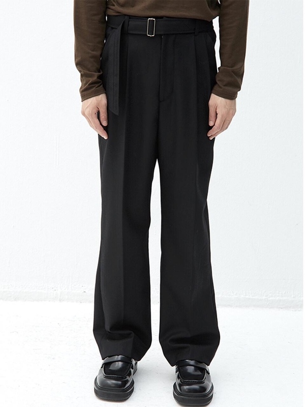 HALEINE Wool Belted Wide Fit Slacks - Black | Garmentory