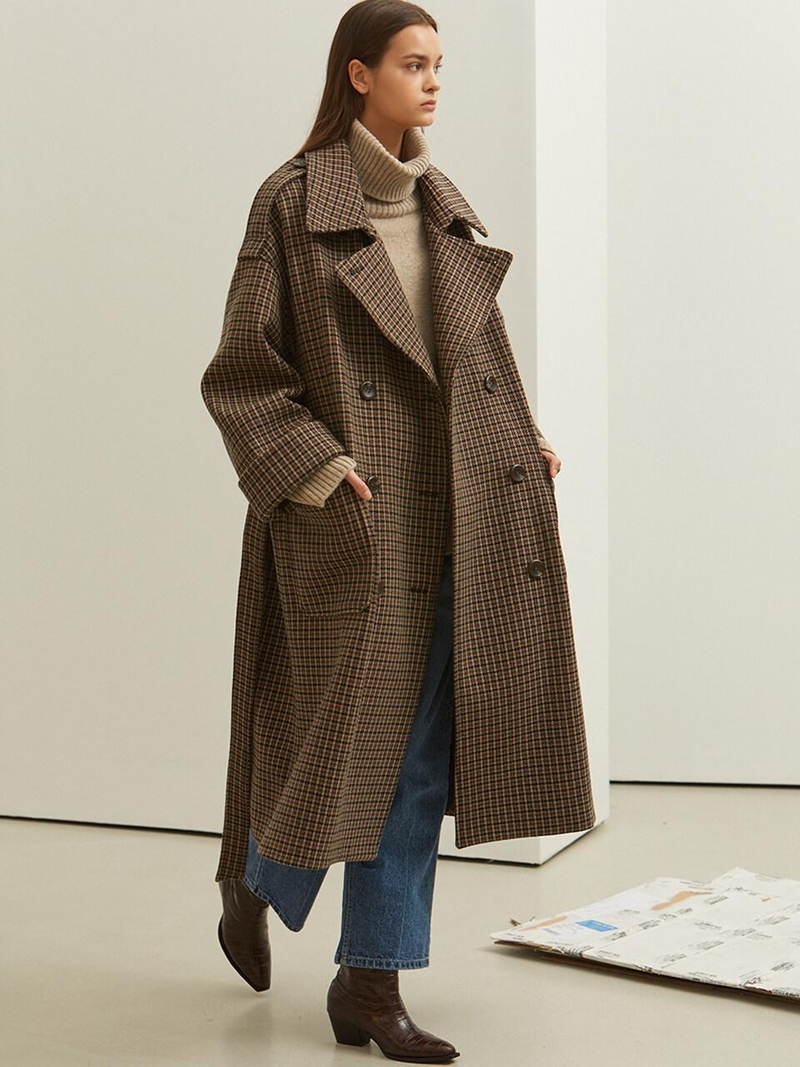 LOOKAST Oversize Trench Wool Coat - Khaki Check | Garmentory