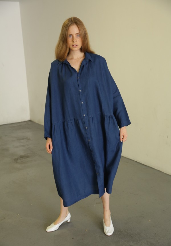 ICHI ANTIQUITES 50322 LINEN SHIRT DRESS INDIGO on Garmentory
