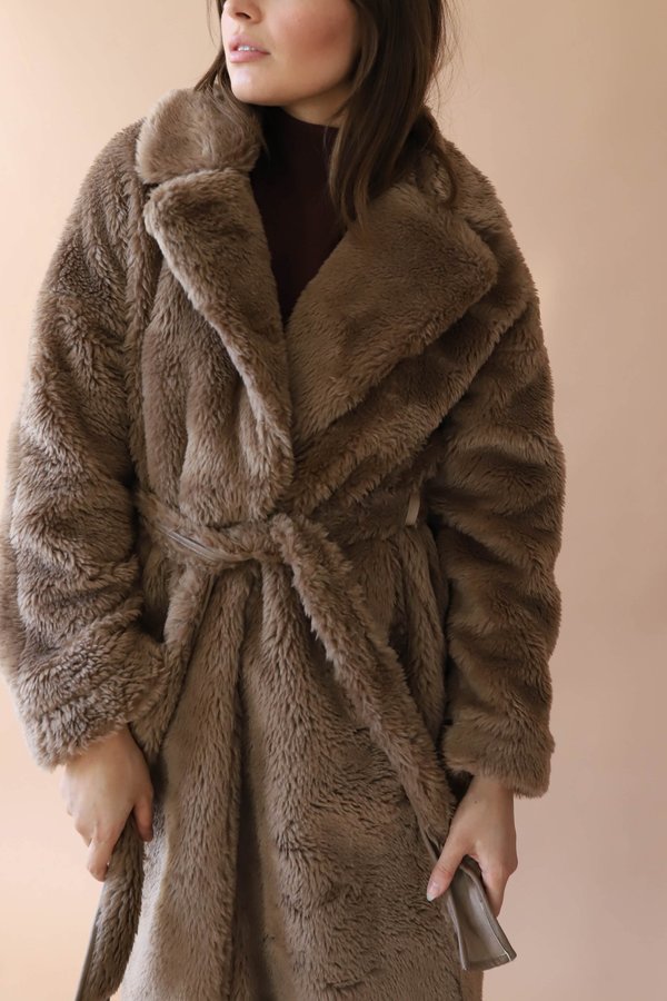 Moon River Tie Waist Faux Fur Coat - Taupe Moon River Tie Waist Faux Fur Coat - Taupe