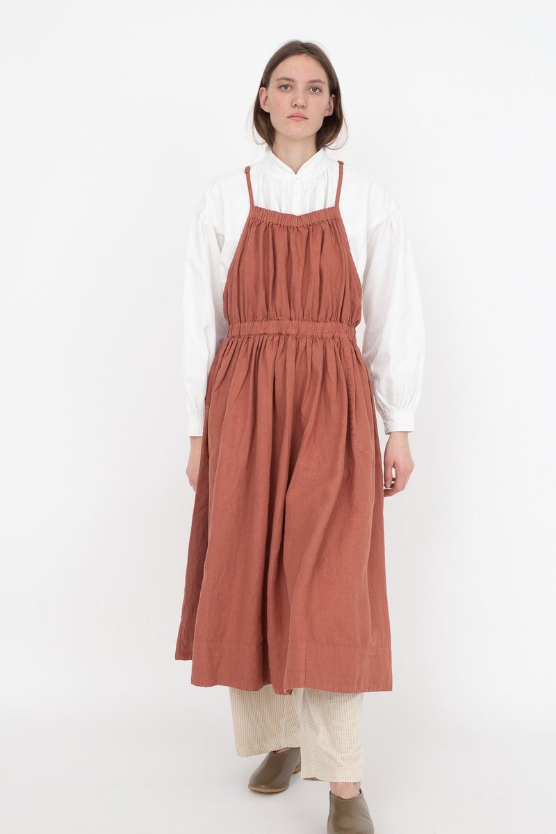 nest Robe Natural Dyed Linen Gathered Apron Dress - Brick | Garmentory 