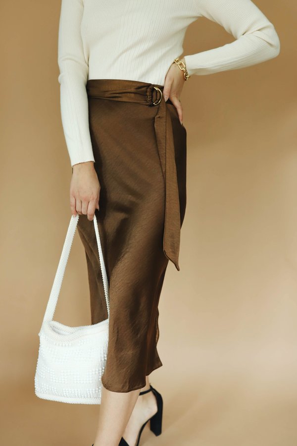 Moon River Belted Silky Midi Skirt - Brown Moon River Belted Silky Midi Skirt - Brown