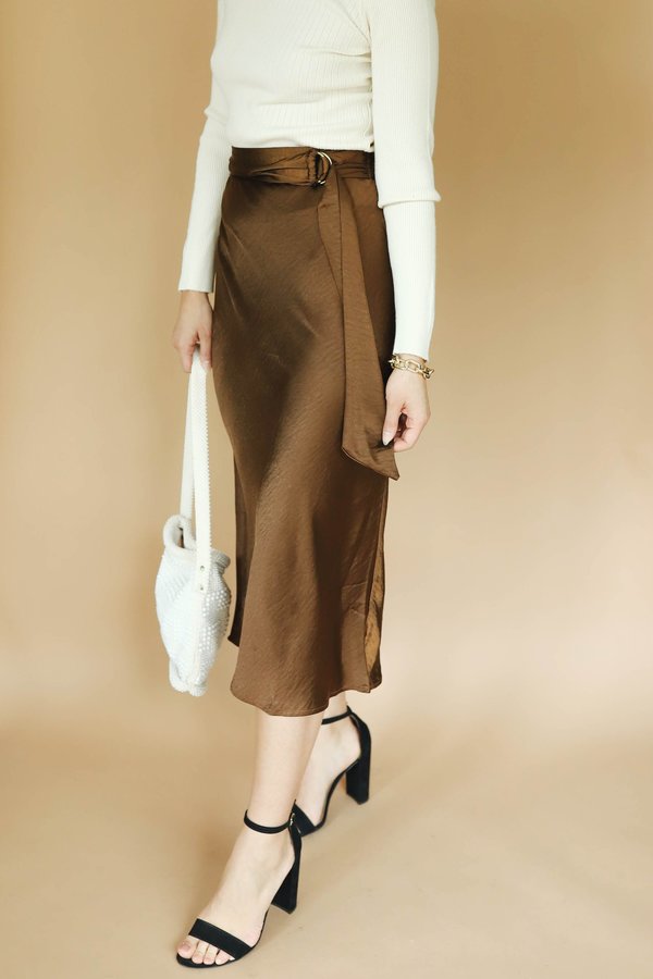 Moon River Belted Silky Midi Skirt - Brown Moon River Belted Silky Midi Skirt - Brown