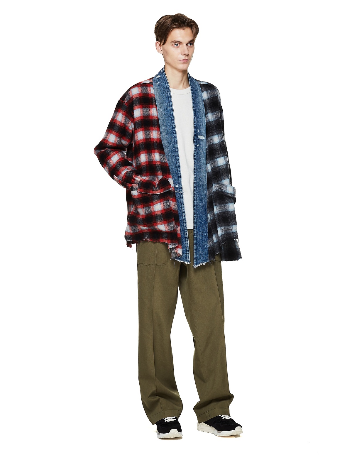 Greg Lauren Checked Wool 50/50 Kimono Shirt - Multicolor | Garmentory