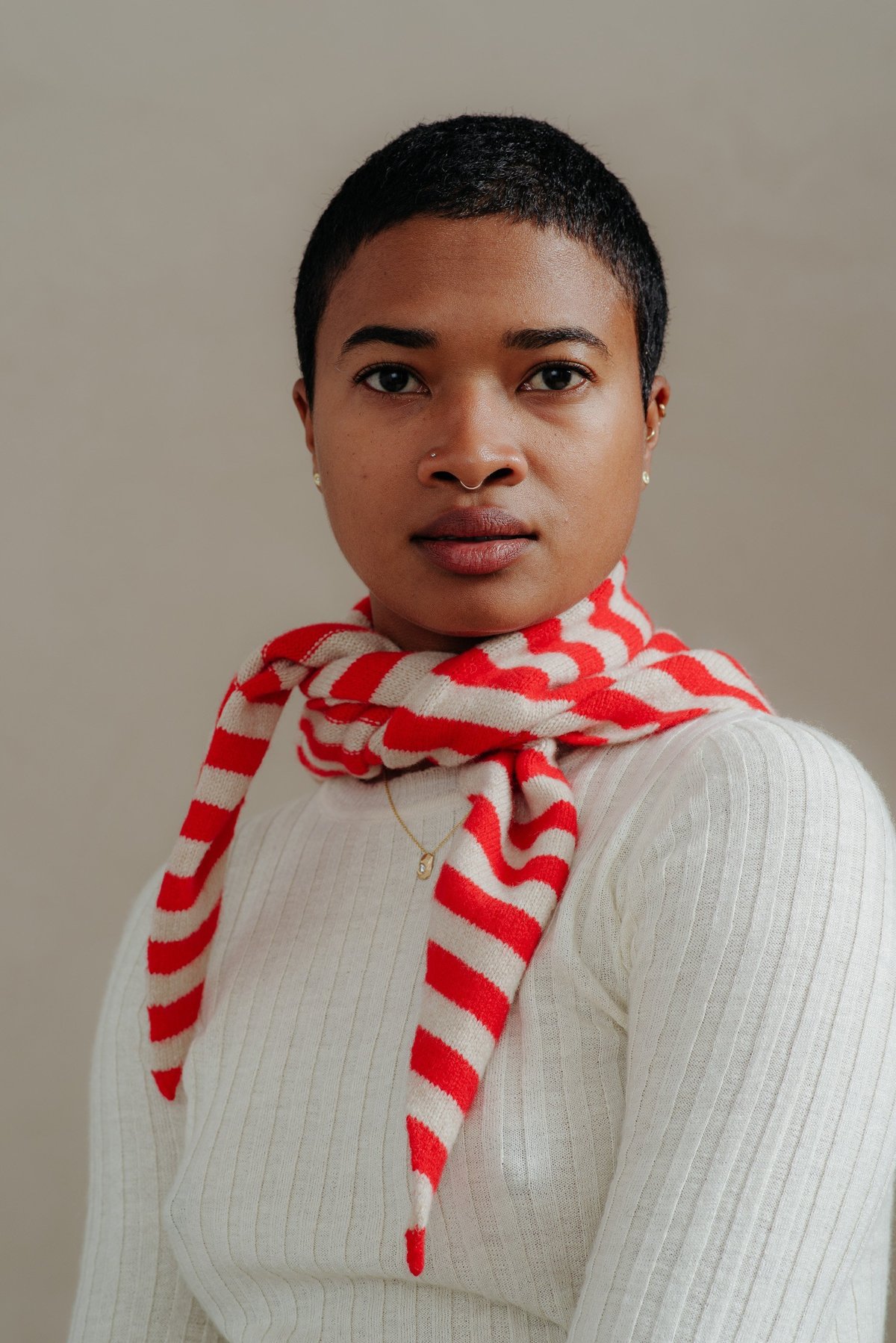 Jo Gordon SCARLET + OATMEAL STRIPED TRIANGLE NECKERCHIEF | Garmentory