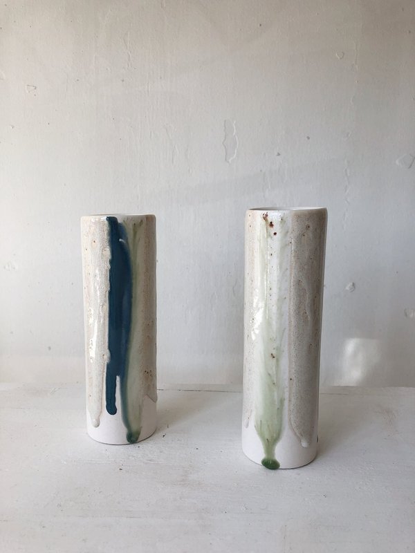 The Object Enthusiast Vertical Stripe Cylinder Vase - Blue/Cream The Object Enthusiast Vertical Stripe Cylinder Vase - Blue/Cream