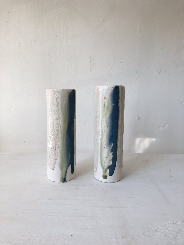 The Object Enthusiast Vertical Stripe Cylinder Vase - Blue/Cream The Object Enthusiast Vertical Stripe Cylinder Vase - Blue/Cream