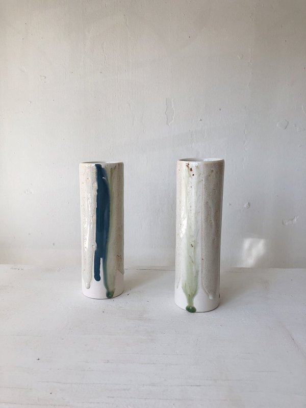 The Object Enthusiast Vertical Stripe Cylinder Vase - Blue/Cream The Object Enthusiast Vertical Stripe Cylinder Vase - Blue/Cream
