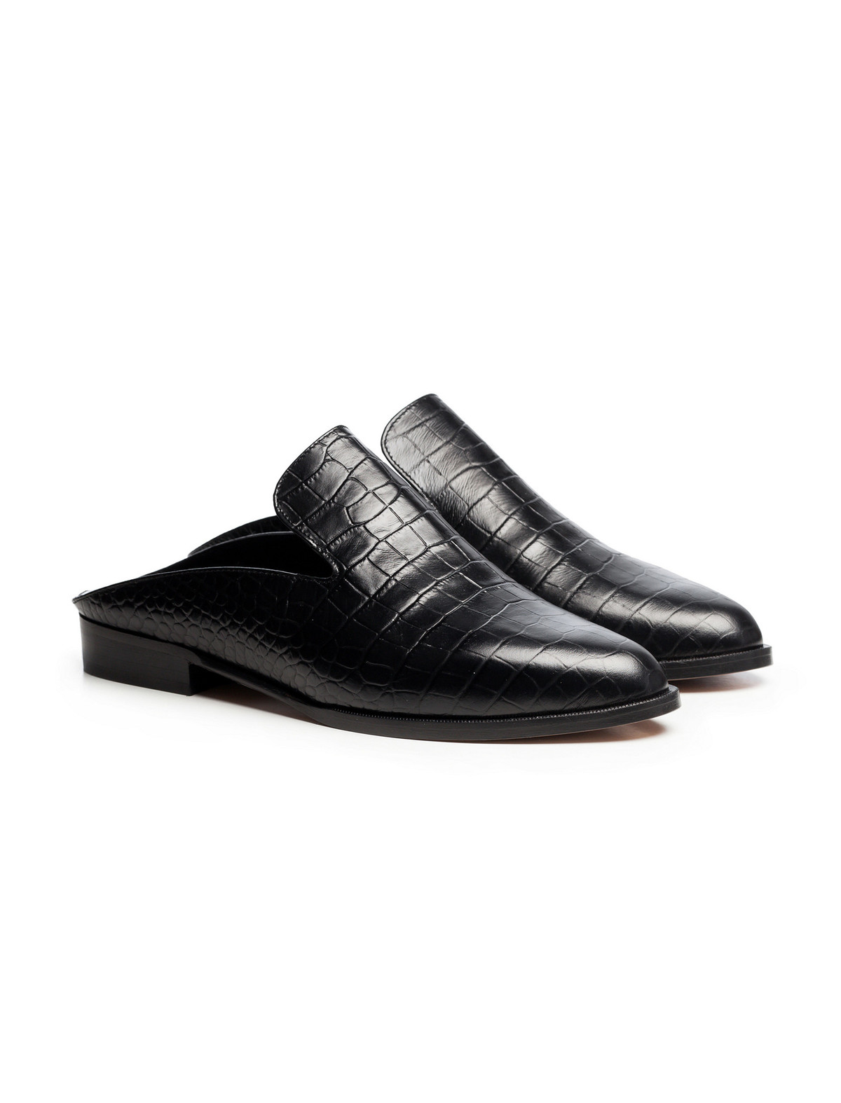 ROBERT CLERGERIE Size 10.5 Black Leather Croc Embossed Embossed Mules Flats Robert Clergerie Alice Croc Embossed Leather Fur Lined Size  main image 2