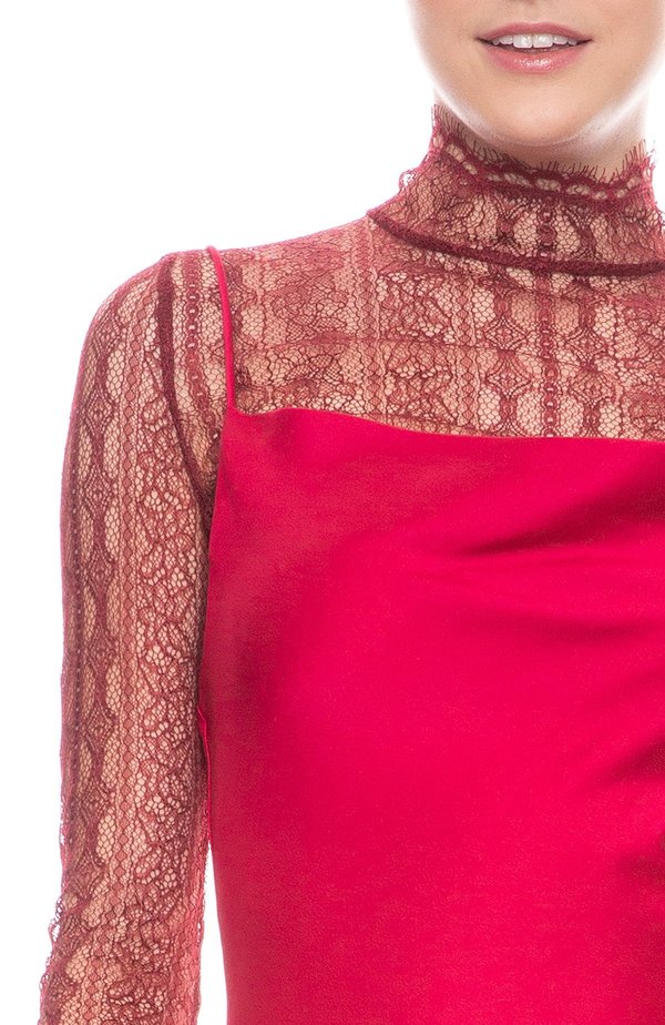 Jonathan Simkhai Sateen Lingerie Lace Overlay Dress - siren red | Garmentory