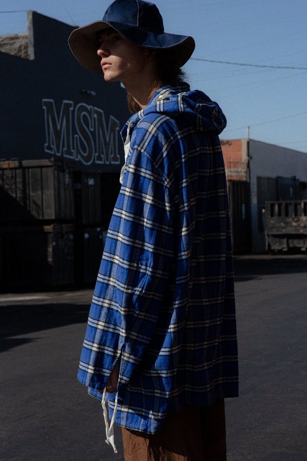 Marni Oversized Pullover Cotton Flannel Shirt with Hood - Blue