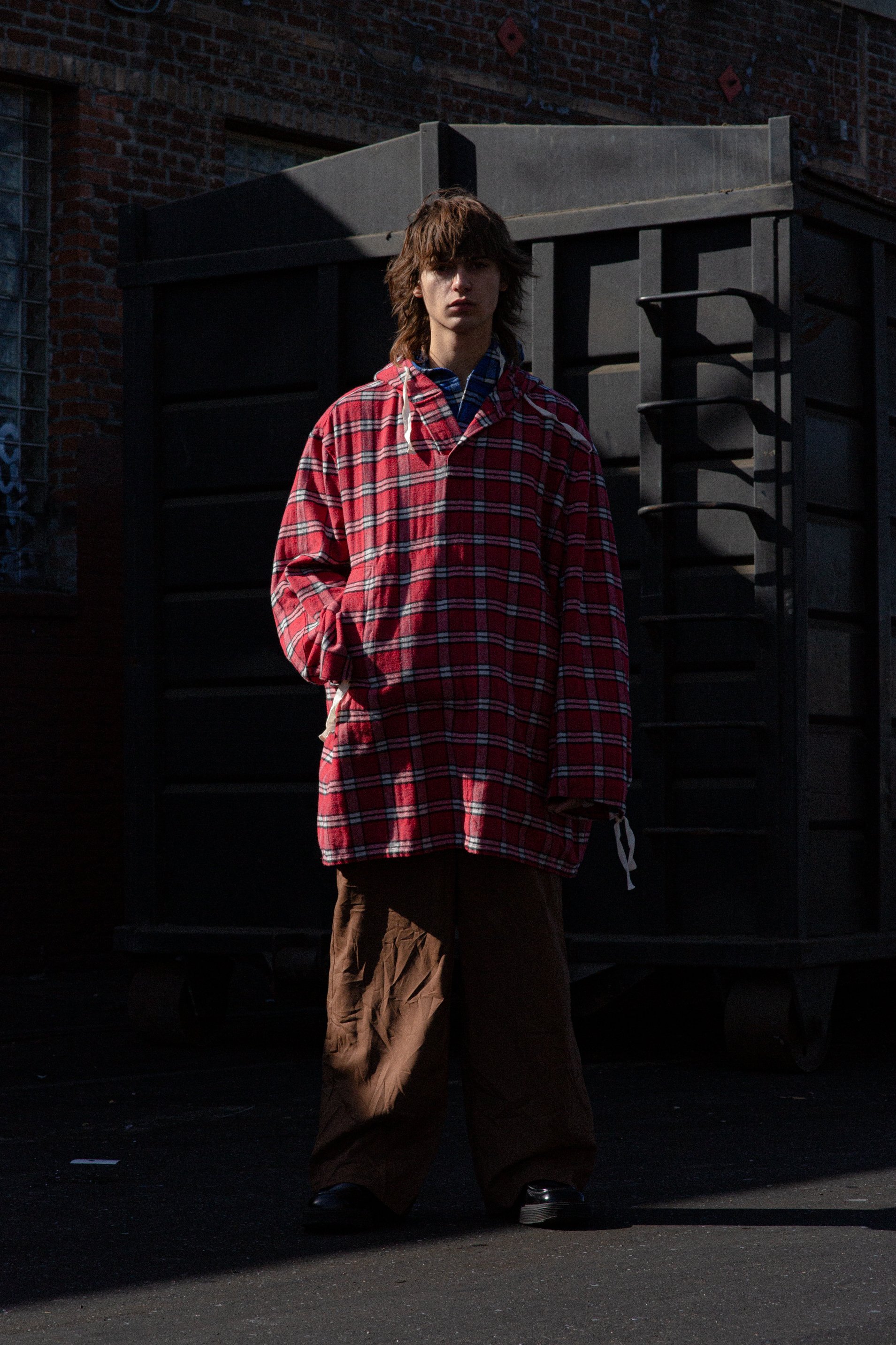 Marni Oversized Pullover Cotton Flannel Shirt with Hood - Red