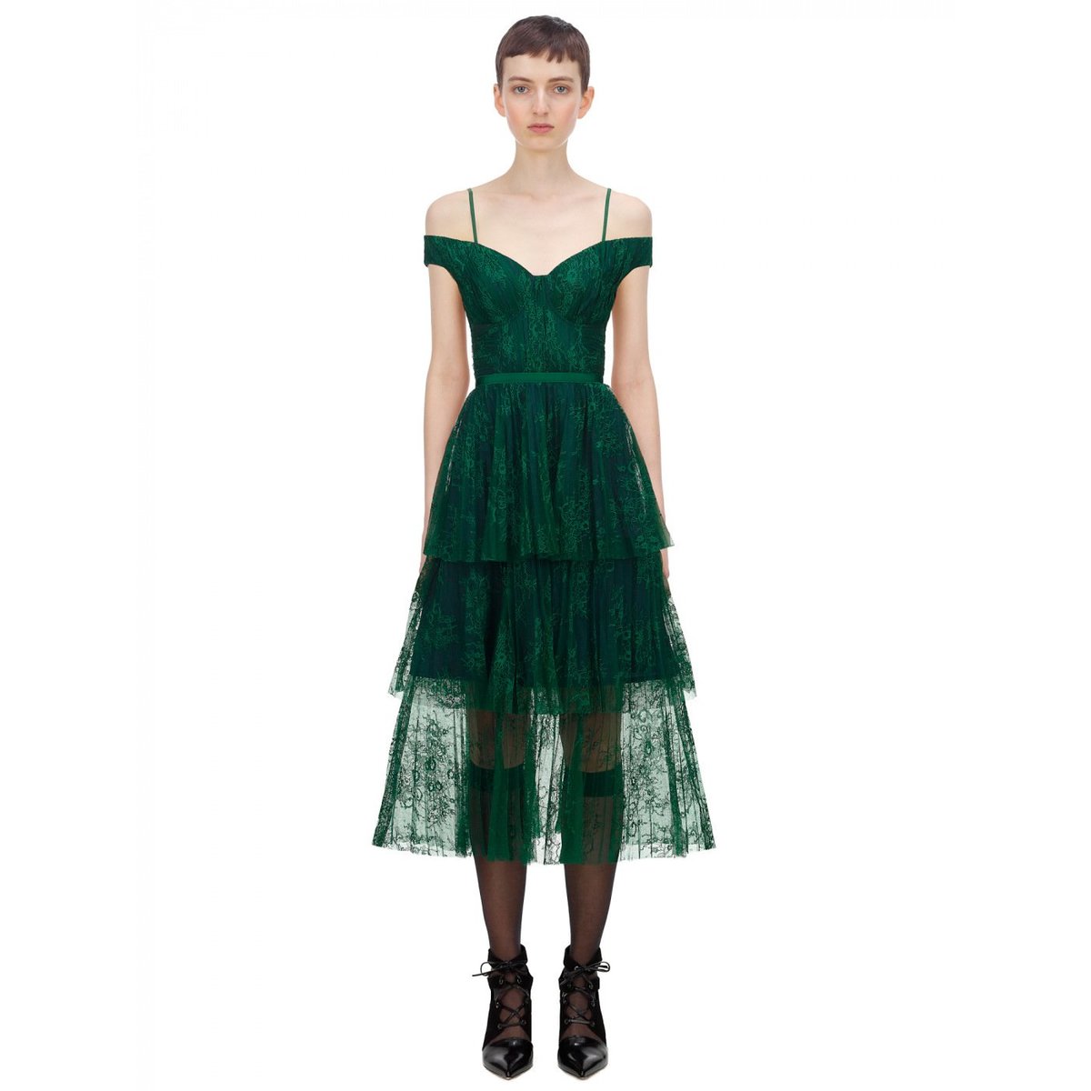 self portrait dark green dress self-portrait - Green Chiffon Midi Dress main image 0