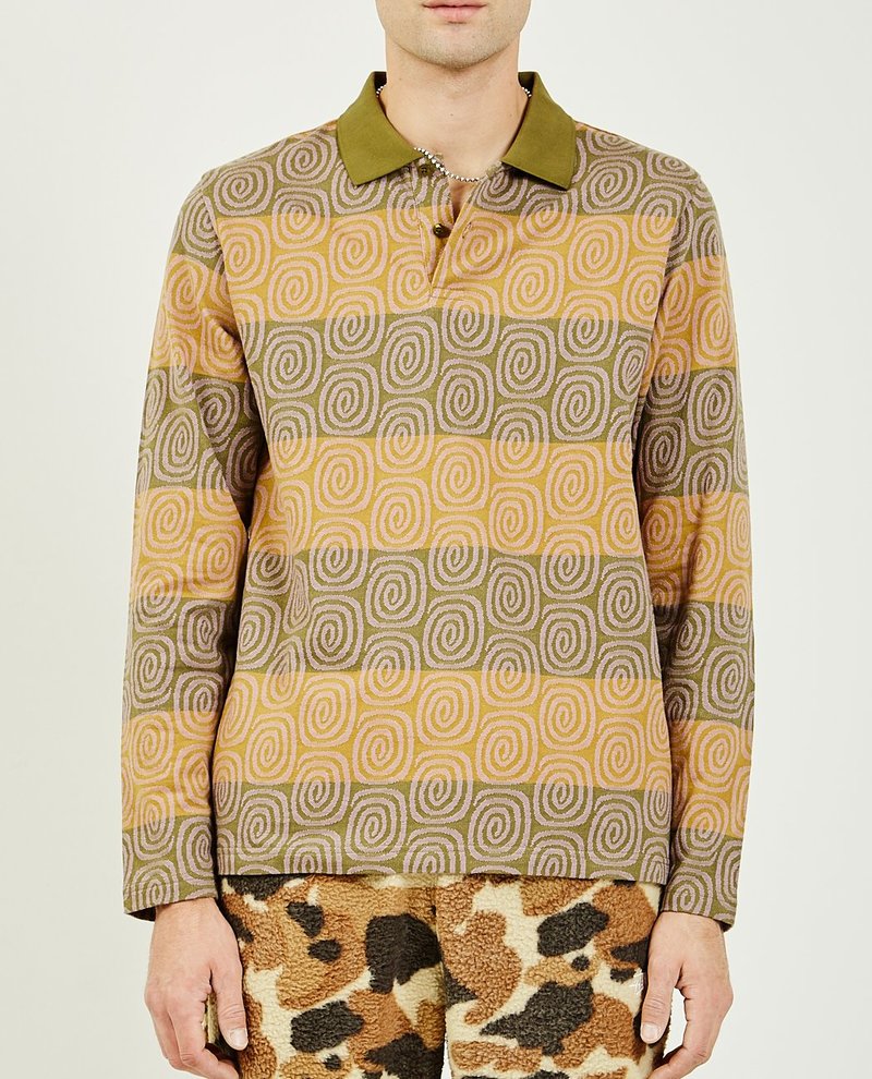 stussy knit stripe polo ニット　ストライプ　ポロシャツ Stussy SWIRL STRIPE POLO - OLIVE/TAN | Garmentory