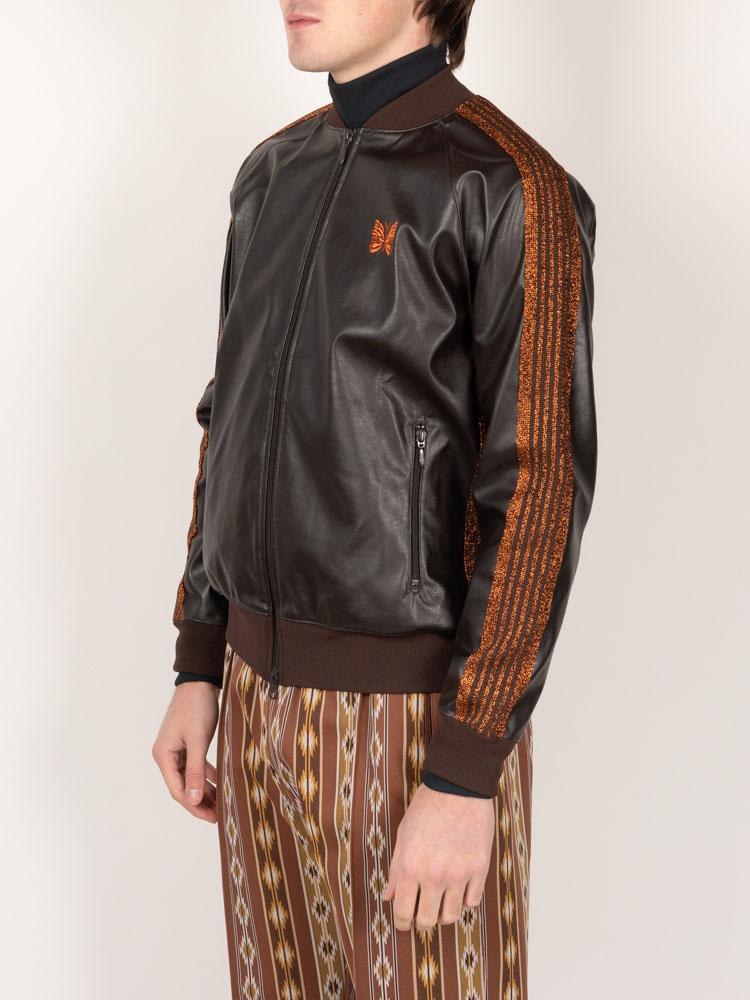 Needles Synthetic Leather Rib Collar Track Jacket Brown Garmentory