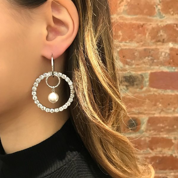 Joomi Lim Asymmetrical Hoop and Crystal Earrings with Pearls - Rhodium/Crystal/White Joomi Lim Asymmetrical Hoop and Crystal Earrings with Pearls - Rhodium/Crystal/White