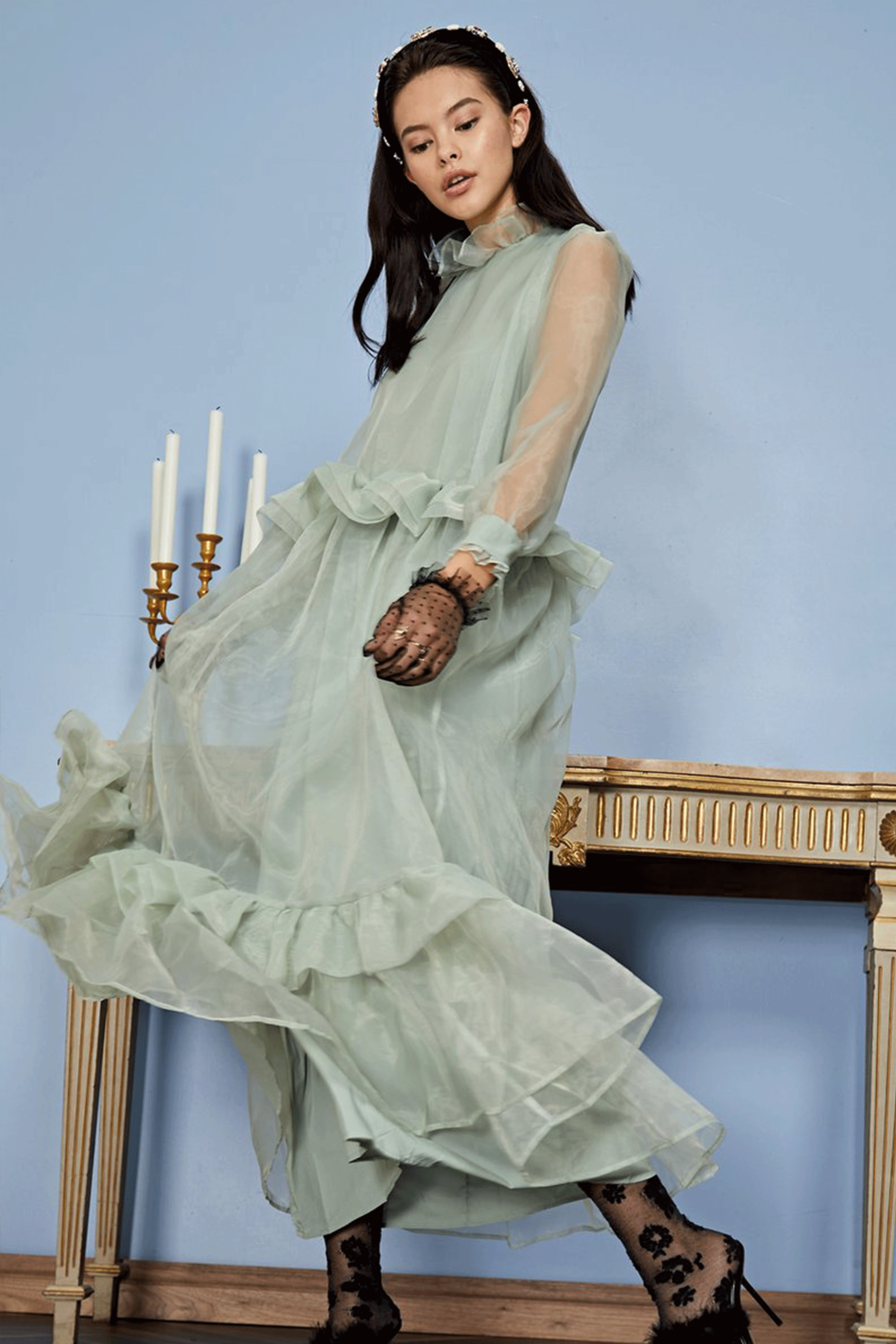 Sister Jane puff sleeve ruffle hem midaxi dress in powder