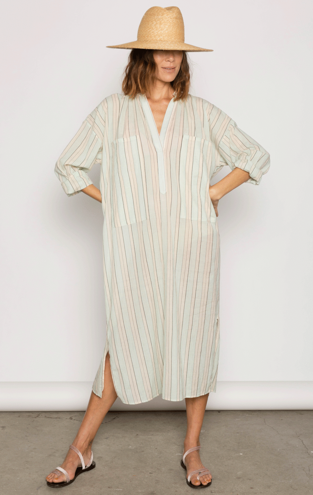 Peach/ Beige stripe two pocket caftan-Sale