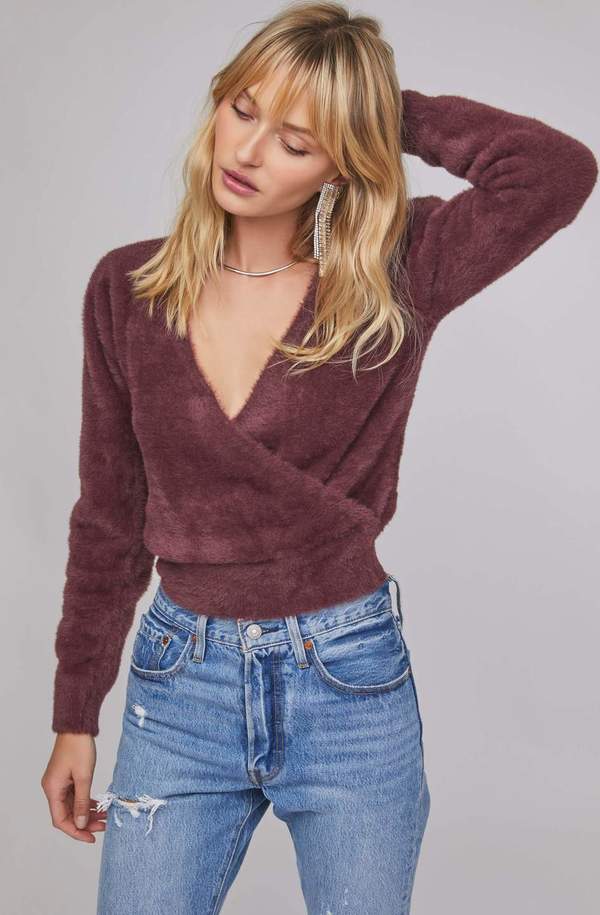 ASTR The Label Sheresa Fuzzy Wrap Sweater - Plum ASTR The Label Sheresa Fuzzy Wrap Sweater - Plum