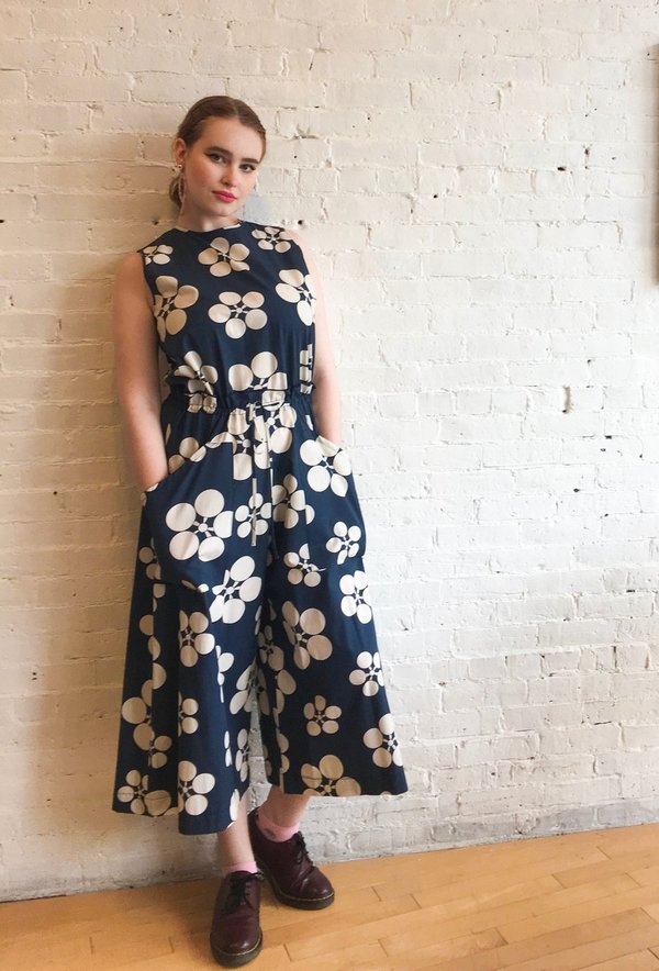 blue and white floral jumpsuit