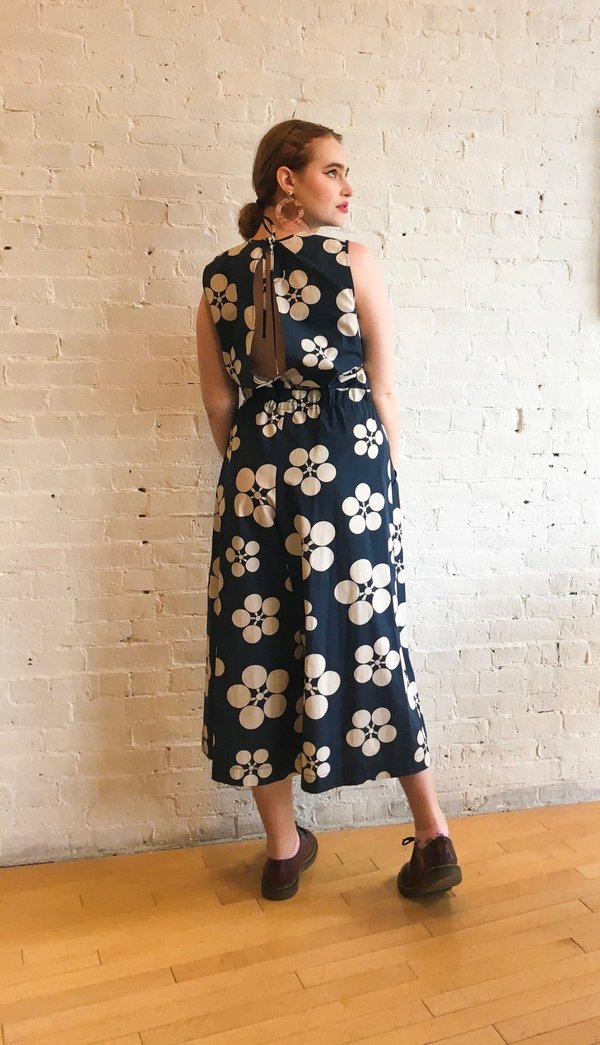 blue and white floral jumpsuit