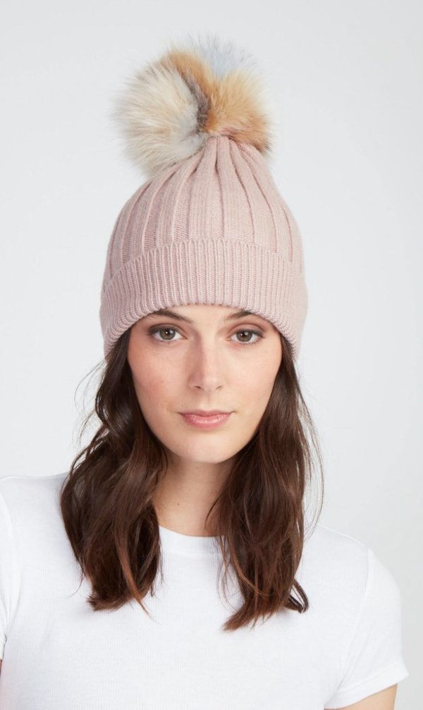 Jocelyn Fur Knit Hat With Fox Pom 