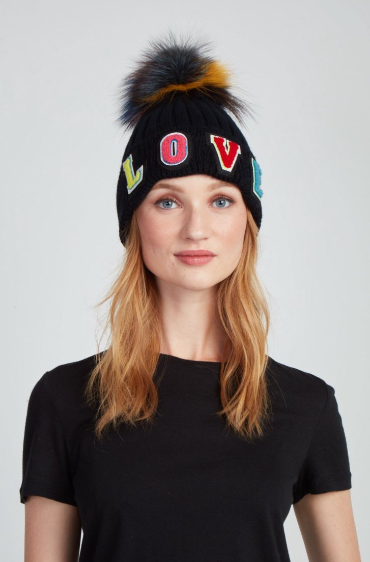 Jocelyn Fur Knit Hat With Love Patches And Dark Multi Fox  display picture 3